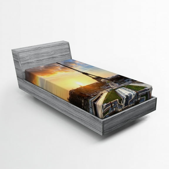 Ambesonne Eiffel Tower Fitted Sheet, Scenic View Paris, Twin Size, Blue Yellow Coconut