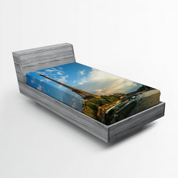 Ambesonne Eiffel Tower Fitted Sheet, Sun Eiffel Tower, Twin XL Size, Yellow Green Blue