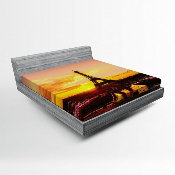 Ambesonne Eiffel Tower Fitted Sheet, Sun View Old Paris, Queen Size, Marigold Rose Brown