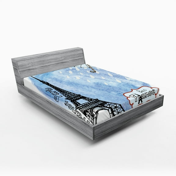 Ambesonne Eiffel Tower Fitted Sheet, Watercolor Paris, Queen Size, Blue