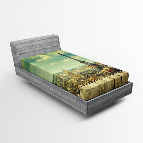 Ambesonne Eiffel Tower Fitted Sheet, Wooden Deck Table, Twin XL Size, Teal