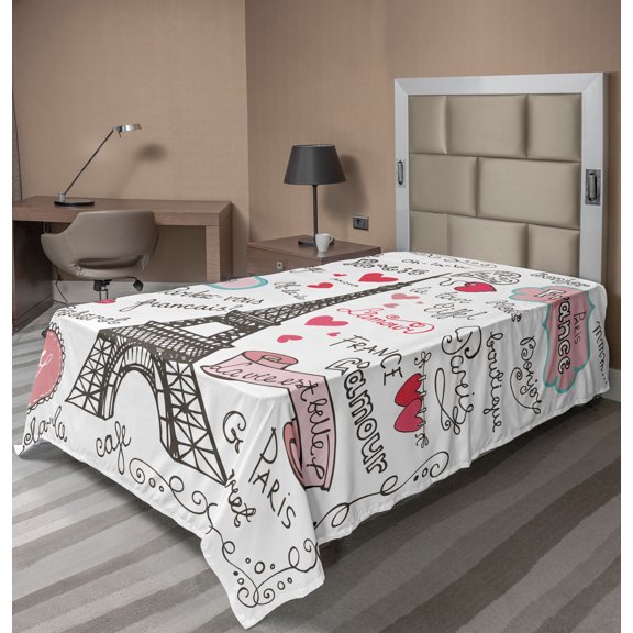 Ambesonne Eiffel Tower Flat Sheet, Paris Letter Heart, TwinXL Size, Black White Pink