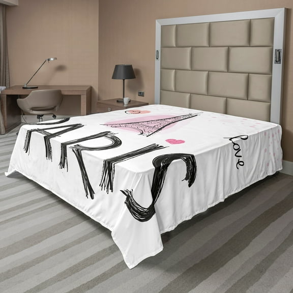 Ambesonne Eiffel Tower Flat Sheet, Sketchy Hand Drawn, California King, Pale Pink Dark Grey