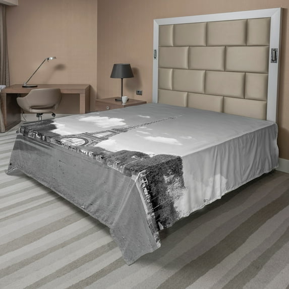 Ambesonne Eiffel Tower Flat Sheet, Tourist Attraction, Full Size, Grey