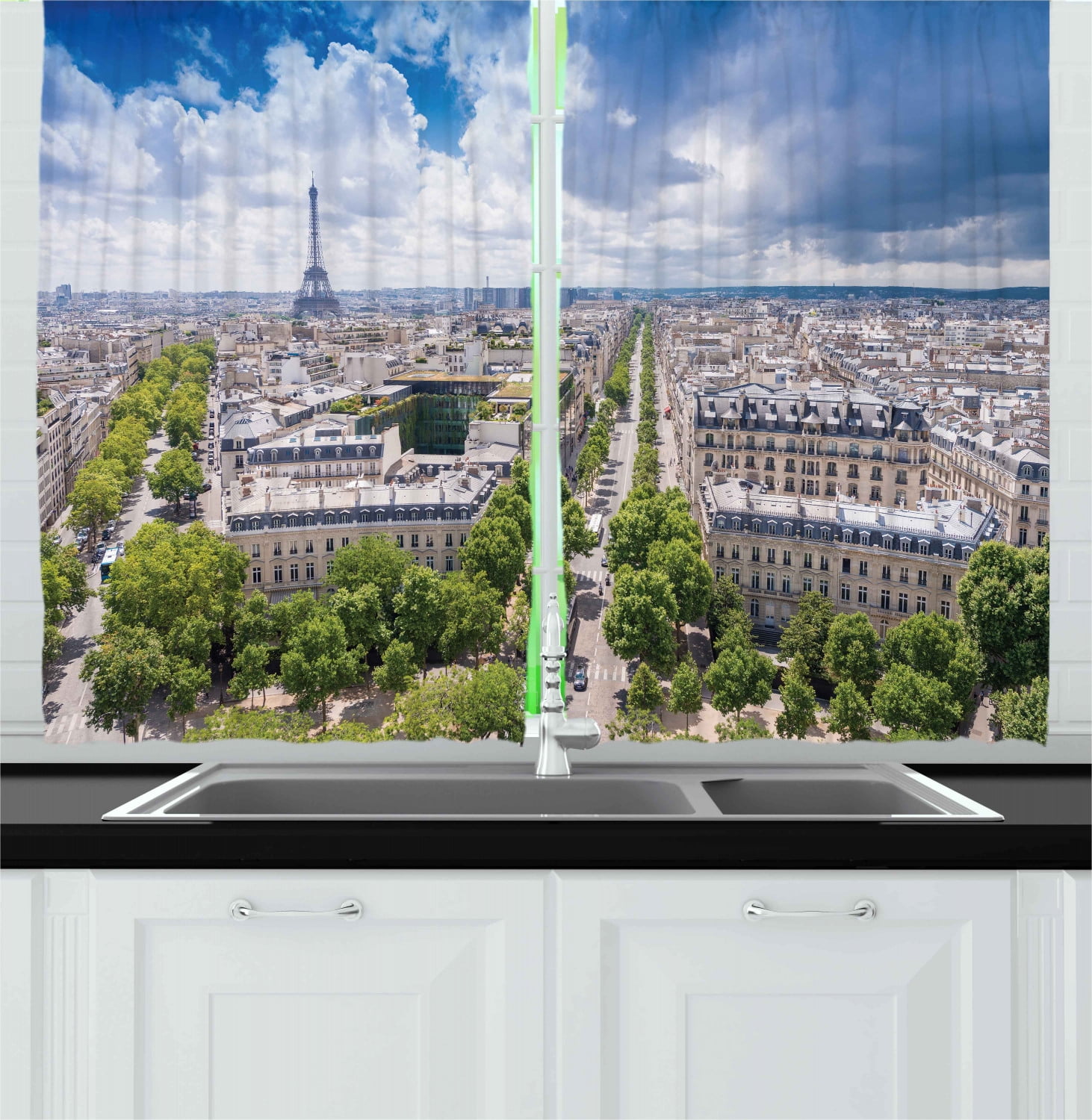 Ambesonne Eiffel Tower Kitchen Curtains, Aerial View Paris, 55"x39 ...
