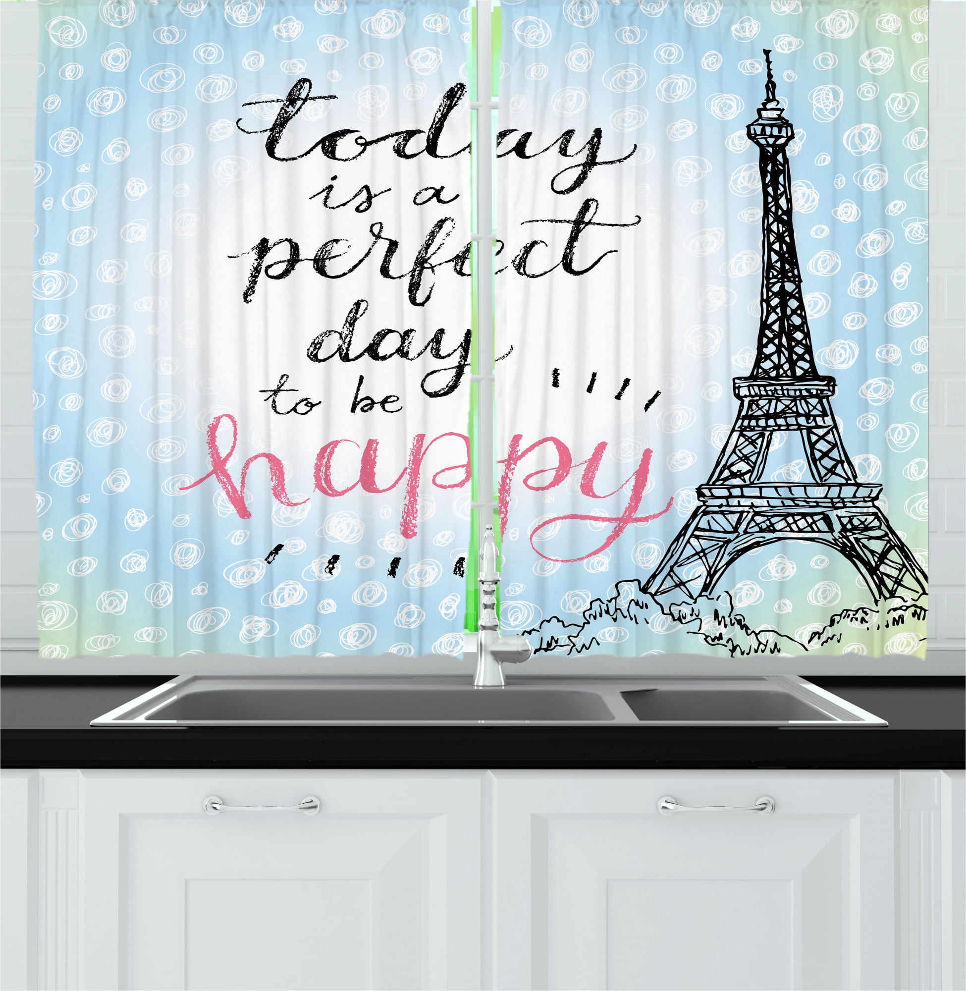 Ambesonne Eiffel Tower Kitchen Curtains, Sketch Perfect Day, 55"x45 ...