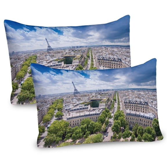 Ambesonne Eiffel Tower Pillow Sham 2 Pack, Aerial View Paris, 26"x20", Pale Blue Cream Green