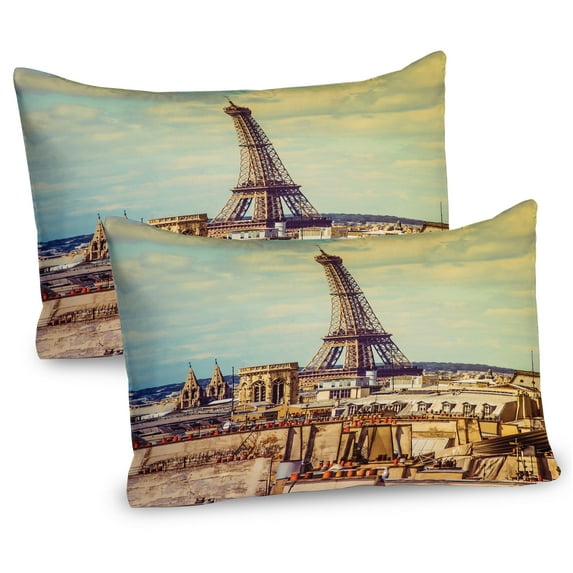 Ambesonne Eiffel Tower Pillow Sham 2 Pack, Paris Cityscape, 26"x20", Almond Green Yellow