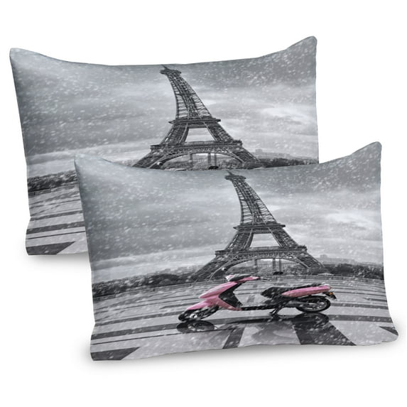 Ambesonne Eiffel Tower Pillow Sham 2 Pack, Paris Scene Moped, 26"x20", Grey Pink