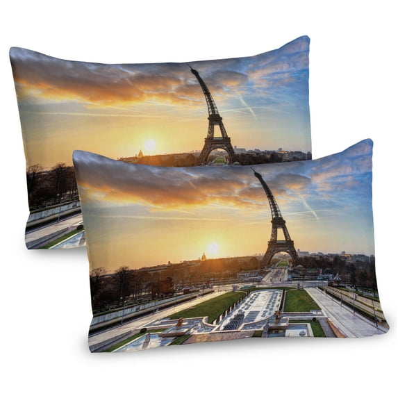 Ambesonne Eiffel Tower Pillow Sham 2 Pack, Scenic View Paris, 30"x20", Blue Yellow Coconut