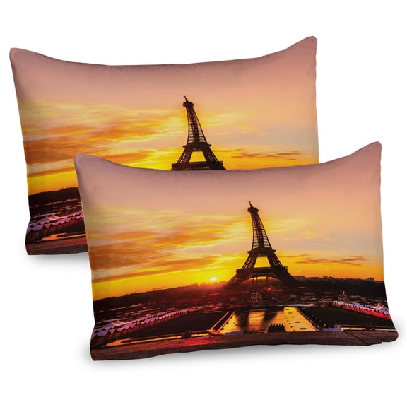 Ambesonne Eiffel Tower Pillow Sham 2 Pack, Sun View Old Paris, 26"x20", Marigold Rose Brown