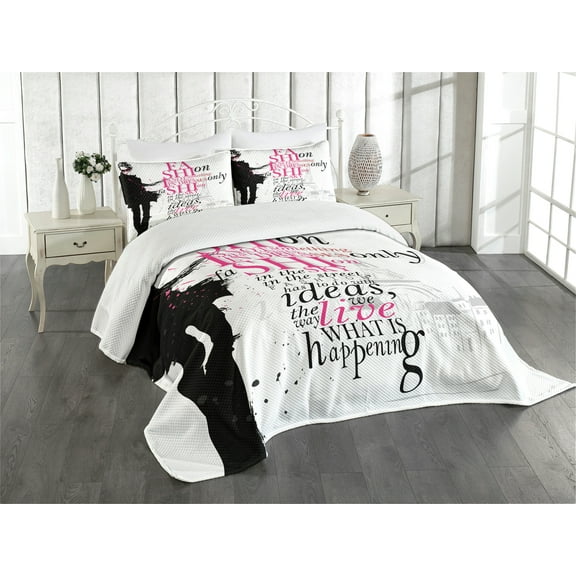 Ambesonne Eiffel Tower Quilted Bedspread Set 2 Pcs, Paris Girl Words, Twin Size, Black Pink