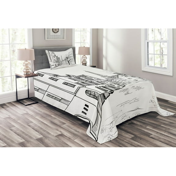 Ambesonne Eiffel Tower Quilted Bedspread Set 2 Pcs, Paris Street Art, Twin Size, Black White