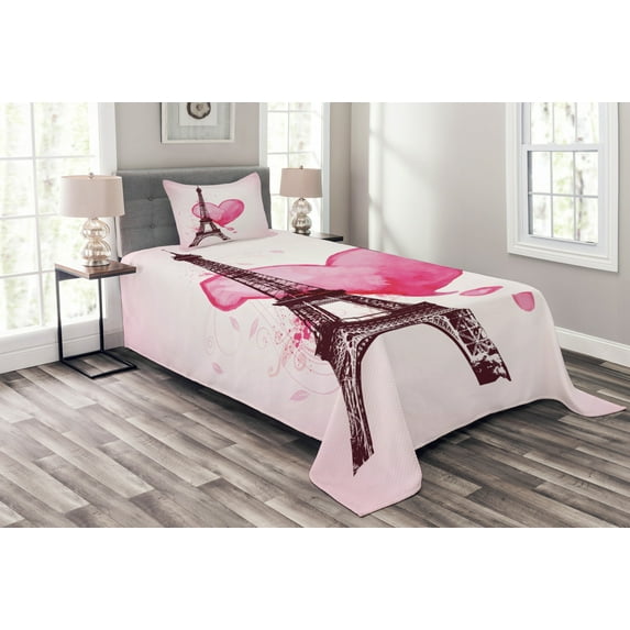 Ambesonne Eiffel Tower Quilted Bedspread Set 2 Pcs, Romance Love Art, Twin Size, Fuchsia Brown