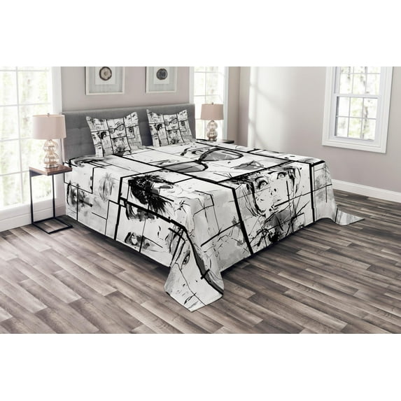 Ambesonne Eiffel Tower Quilted Bedspread Set 3 Pcs, Modern Paris Lady Art, King Size, White Black and Grey
