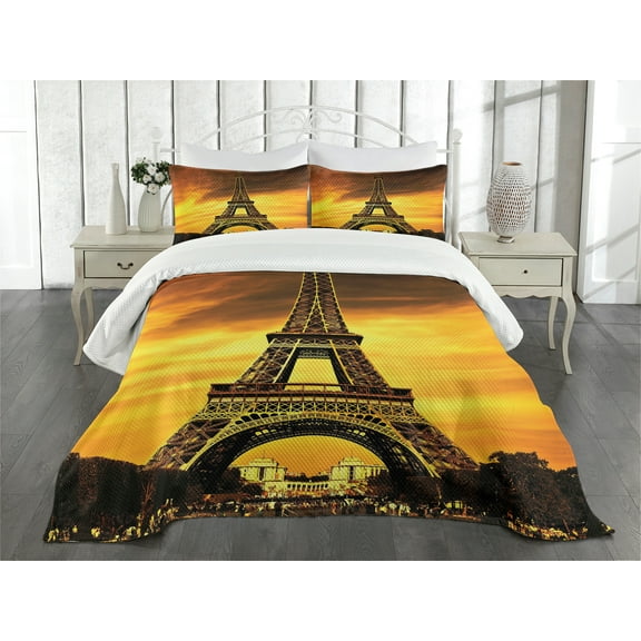Ambesonne Eiffel Tower Quilted Bedspread Set 3 Pcs, Paris Love Sunrise, King Size, Yellow Brown