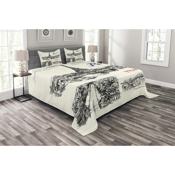 Ambesonne Eiffel Tower Quilted Bedspread Set 3 Pcs, Paris Sketch Art, King Size, Black Cream