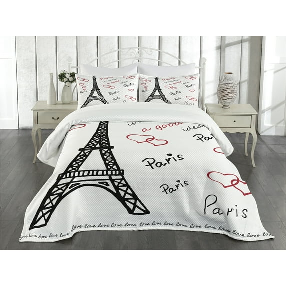 Ambesonne Eiffel Tower Quilted Bedspread Set 3 Pcs, Popular Paris Saying, King Size, Red Black White