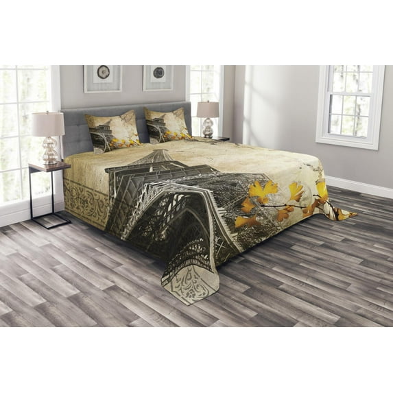 Ambesonne Eiffel Tower Quilted Bedspread Set 3 Pcs, Romantic Love Fall, King Size, Beige Charcoal Grey