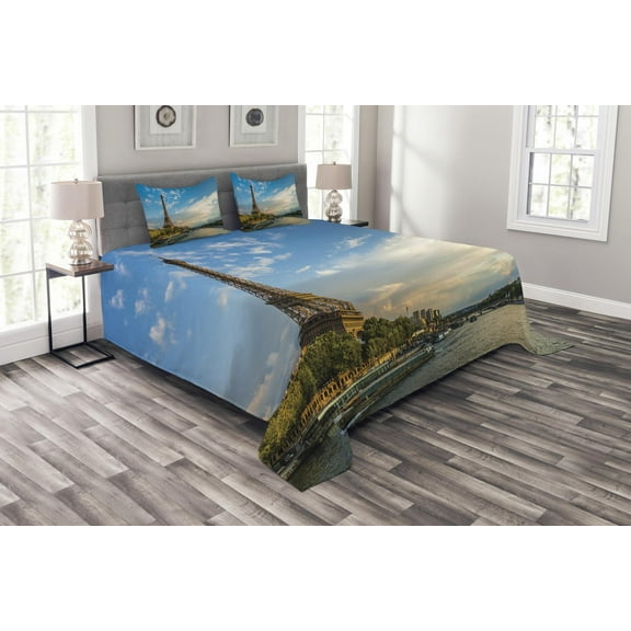 Ambesonne Eiffel Tower Quilted Bedspread Set 3 Pcs, Sun Eiffel Tower, King Size, Yellow Green Blue
