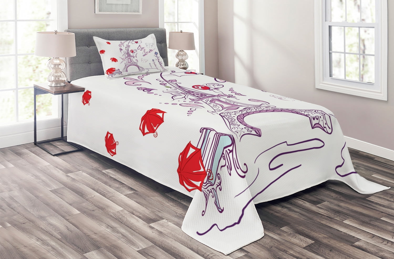 White and Red Eiffel Tower Twin Quilted Bedspread Set