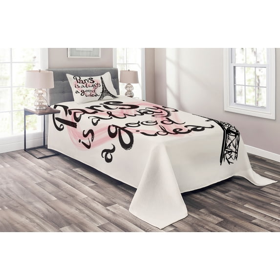 Ambesonne Eiffel Tower Quilted Coverlet 2 Pcs, Europe Dream Tour, Twin Size, Cream Pink Black