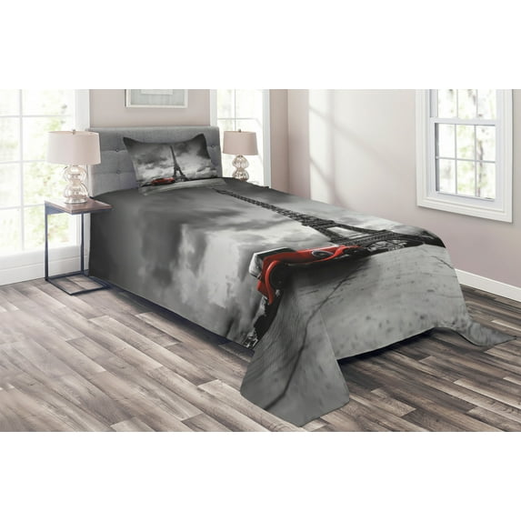 Ambesonne Eiffel Tower Quilted Coverlet 2 Pcs, French Car Dark Clouds, Twin Size, Grey Black Red