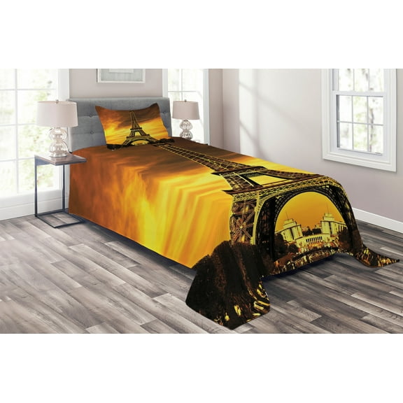 Ambesonne Eiffel Tower Quilted Coverlet 2 Pcs, Paris Love Sunrise, Twin Size, Yellow Brown