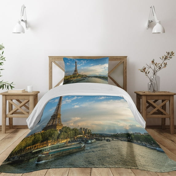 Ambesonne Eiffel Tower Quilted Coverlet 2 Pcs, Sun Eiffel Tower, Twin Size, Yellow Green Blue