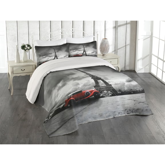 Ambesonne Eiffel Tower Quilted Coverlet 3 Pcs, French Car Dark Clouds, Queen Size, Grey Black Red