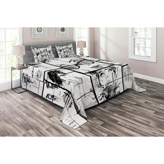 Ambesonne Eiffel Tower Quilted Coverlet 3 Pcs, Modern Paris Lady Art, Queen Size, White Black and Grey