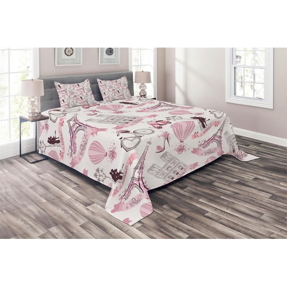 Ambesonne Eiffel Tower Quilted Coverlet 3 Pcs, Paris Honeymoon, King Size, Pale Pink White