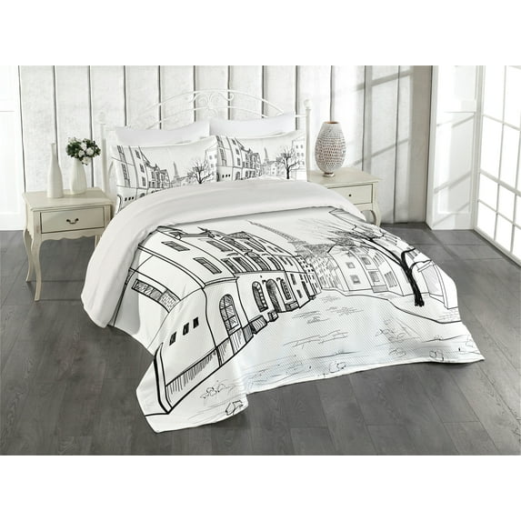 Ambesonne Eiffel Tower Quilted Coverlet 3 Pcs, Paris Street Art, King Size, Black White