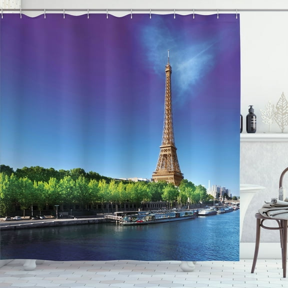 Ambesonne Eiffel Tower Shower Curtain, Eiffel at Sunrise, 69"Wx70"L, Navy Blue Green Cream