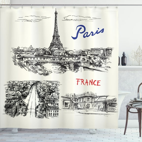 Ambesonne Eiffel Tower Shower Curtain, Paris Sketch Art, 69"Wx84"L, Black Cream