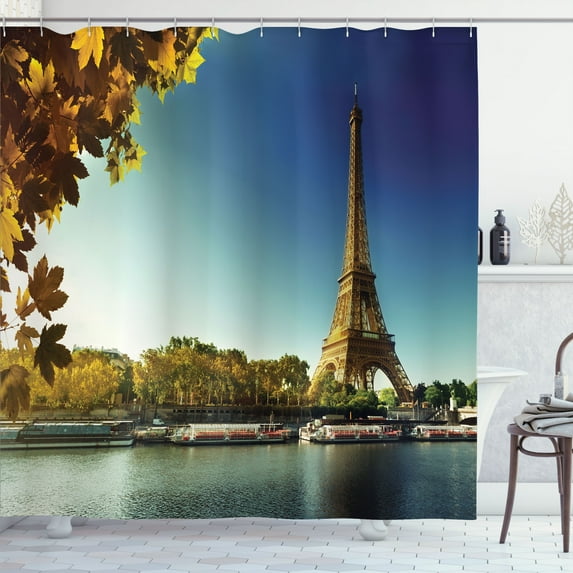 Ambesonne Eiffel Tower Shower Curtain, Paris with Tower, 69"Wx75"L, Earth Yellow Green Blue