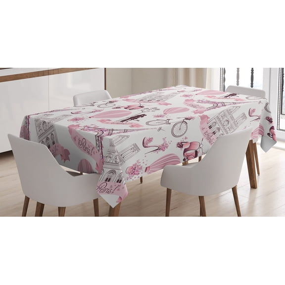 Ambesonne Eiffel Tower Tablecloth Rectangular Table Cover, Paris Honeymoon, 52"x70", Pale Pink White