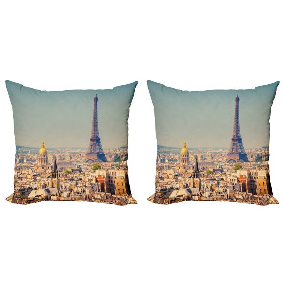 Ambesonne Eiffel Tower Throw Pillow Cover 2 Pack, Cityscape of Paris, 24", Multicolor