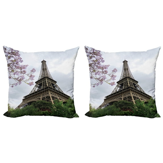 Ambesonne Eiffel Tower Throw Pillow Cover 2 Pack, Colorful Blossoms, 24", Grey Green