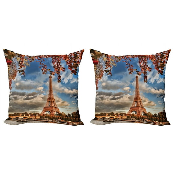 Ambesonne Eiffel Tower Throw Pillow Cover 2 Pack, Eiffel Tower with Boat, 20", Dark Orange Cinnamon