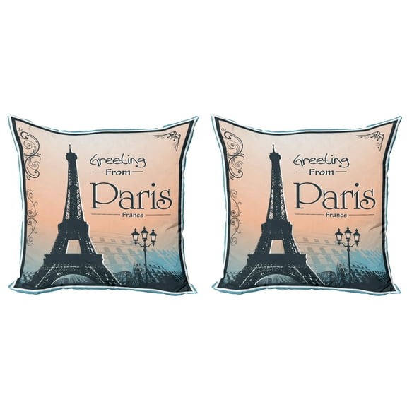 Ambesonne Eiffel Tower Throw Pillow Cover 2 Pack, Greeting from Paris, 16", Peach Dark Slate Blue