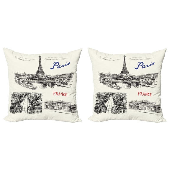 Ambesonne Eiffel Tower Throw Pillow Cover 2 Pack, Paris Sketch Art, 24", Black Cream