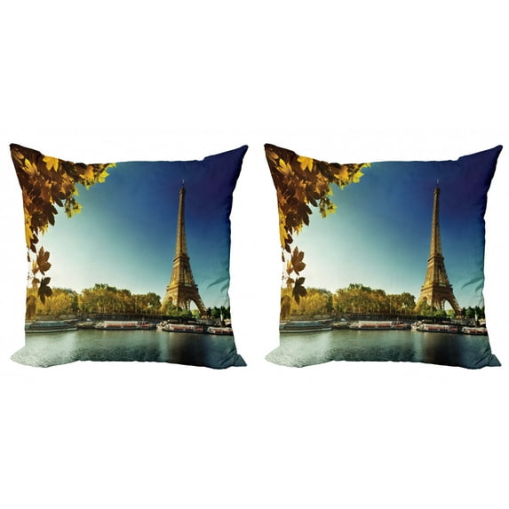 Ambesonne Eiffel Tower Throw Pillow Cover 2 Pack, Paris with Tower, 16", Earth Yellow Green Blue