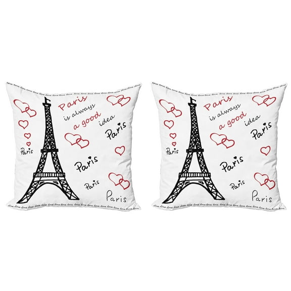 Ambesonne Eiffel Tower Throw Pillow Cover 2 Pack, Popular Paris Saying, 16", Red Black White