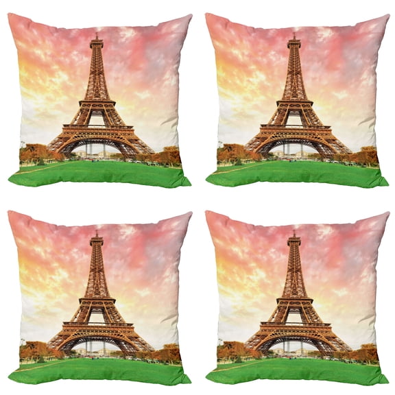 Ambesonne Eiffel Tower Throw Pillow Cover 4 Pack, European Landmark, 24", Coral Brown