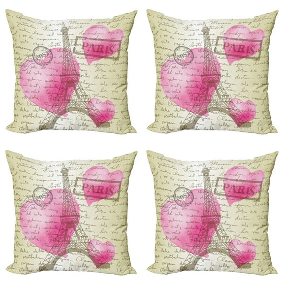 Ambesonne Eiffel Tower Throw Pillow Cover 4 Pack, Hearts and Handwriting, 24", Dark Tan Grey Yellow