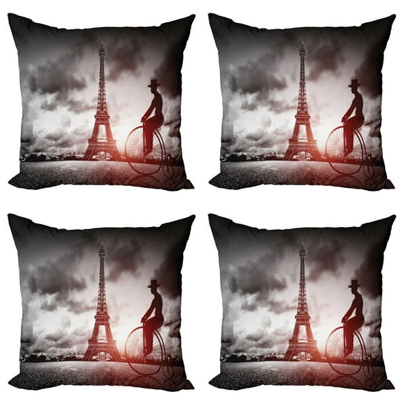 Ambesonne Eiffel Tower Throw Pillow Cover 4 Pack, Man on Retro Bicycle, 20", Grey Pink Black