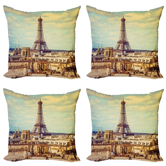Ambesonne Eiffel Tower Throw Pillow Cover 4 Pack, Paris Cityscape, 20", Almond Green Yellow