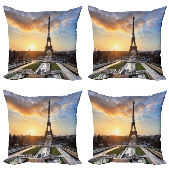 Ambesonne Eiffel Tower Throw Pillow Cover 4 Pack, Scenic View Paris, 18", Blue Yellow Coconut