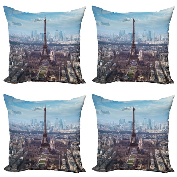 Ambesonne Eiffel Tower Throw Pillow Cover 4 Pack, View of Eiffel Tower, 16", Pale Blue Brown